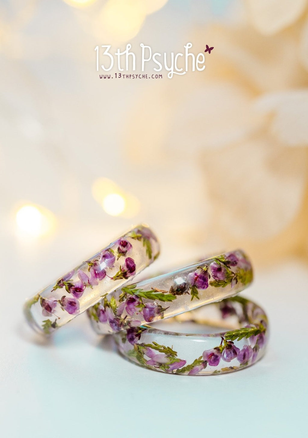 Handmade Dried pink heather flower resin ring - 13th Psyche