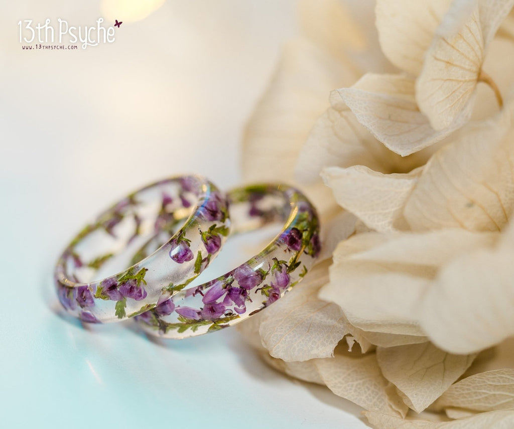 Handmade Dried pink heather flower resin ring - 13th Psyche