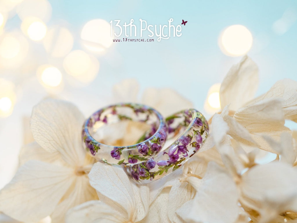 Handmade Dried pink heather flower resin ring - 13th Psyche