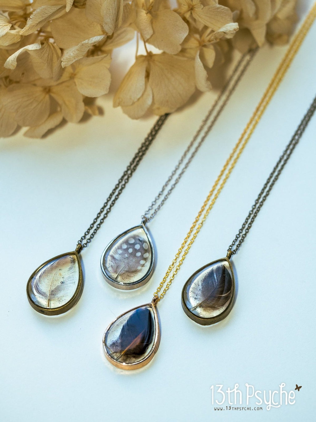 Handmade Drop shaped resin pendant with real feather necklace - 13th Psyche
