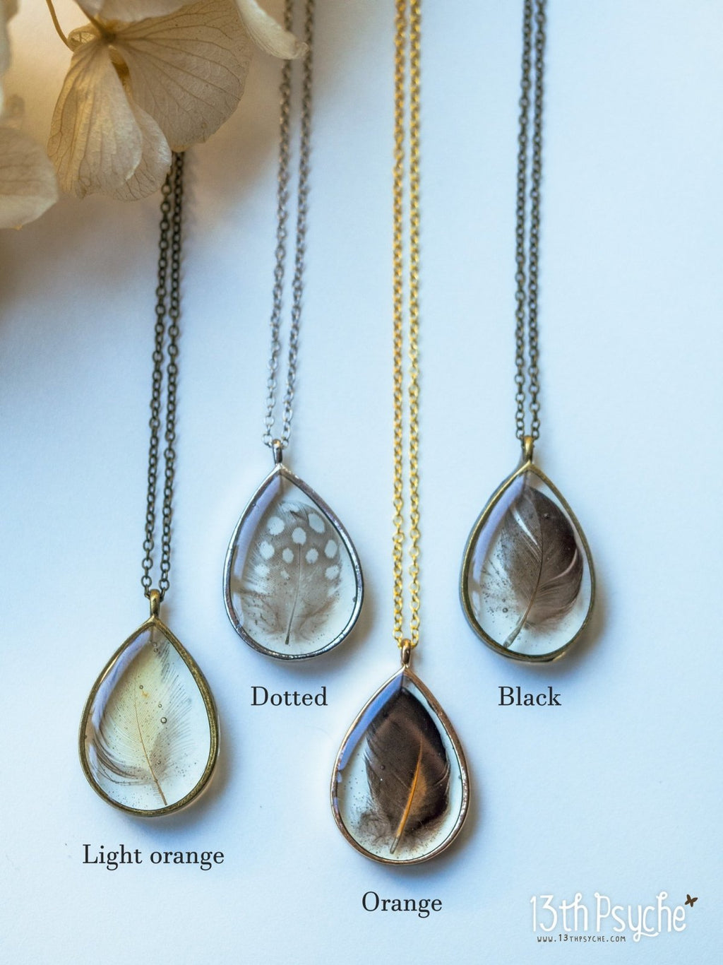 Handmade Drop shaped resin pendant with real feather necklace - 13th Psyche