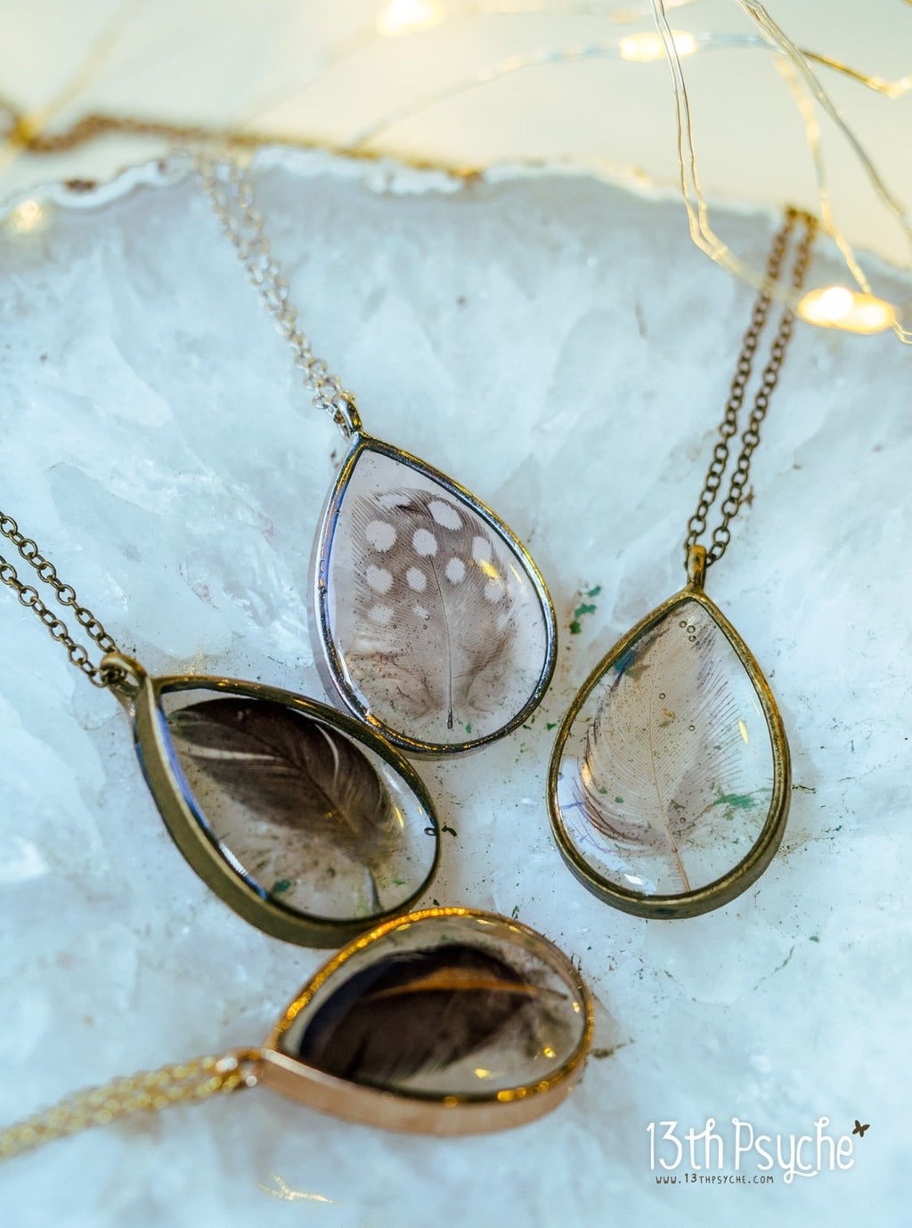 Handmade Drop shaped resin pendant with real feather necklace - 13th Psyche