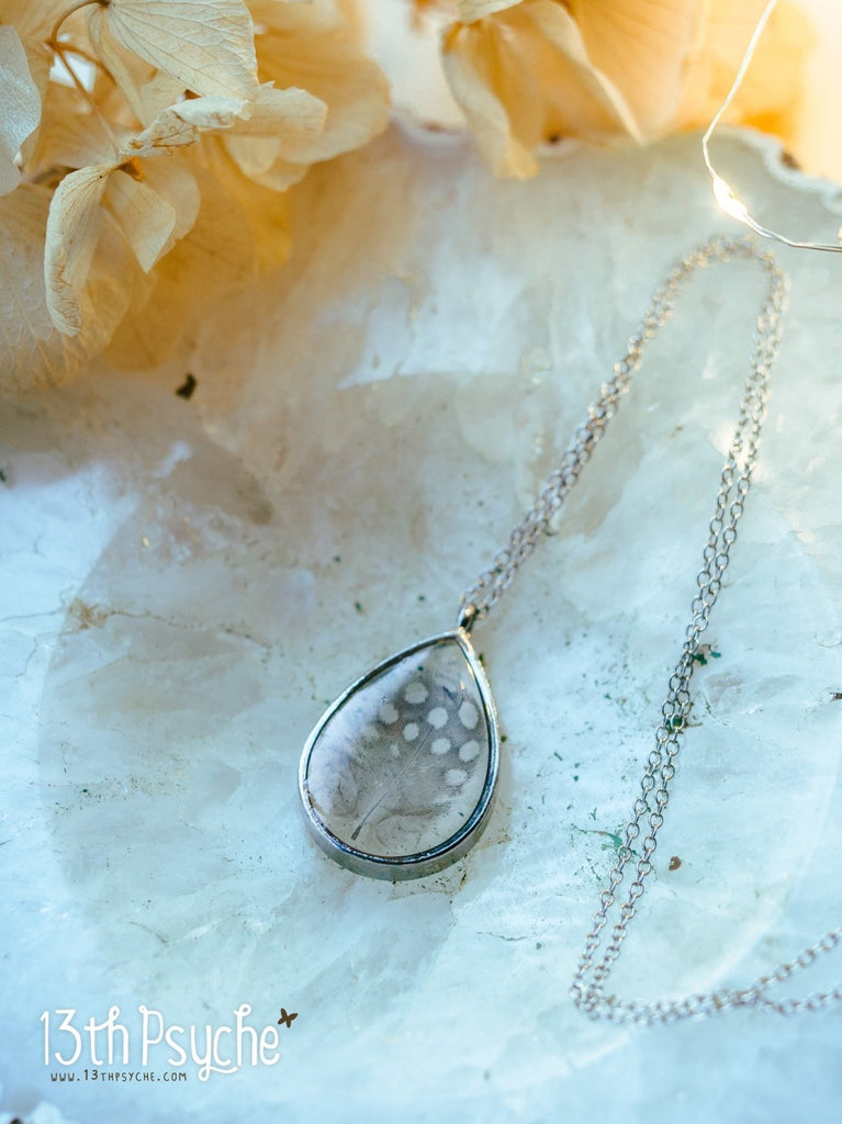 Handmade Drop shaped resin pendant with real feather necklace - 13th Psyche