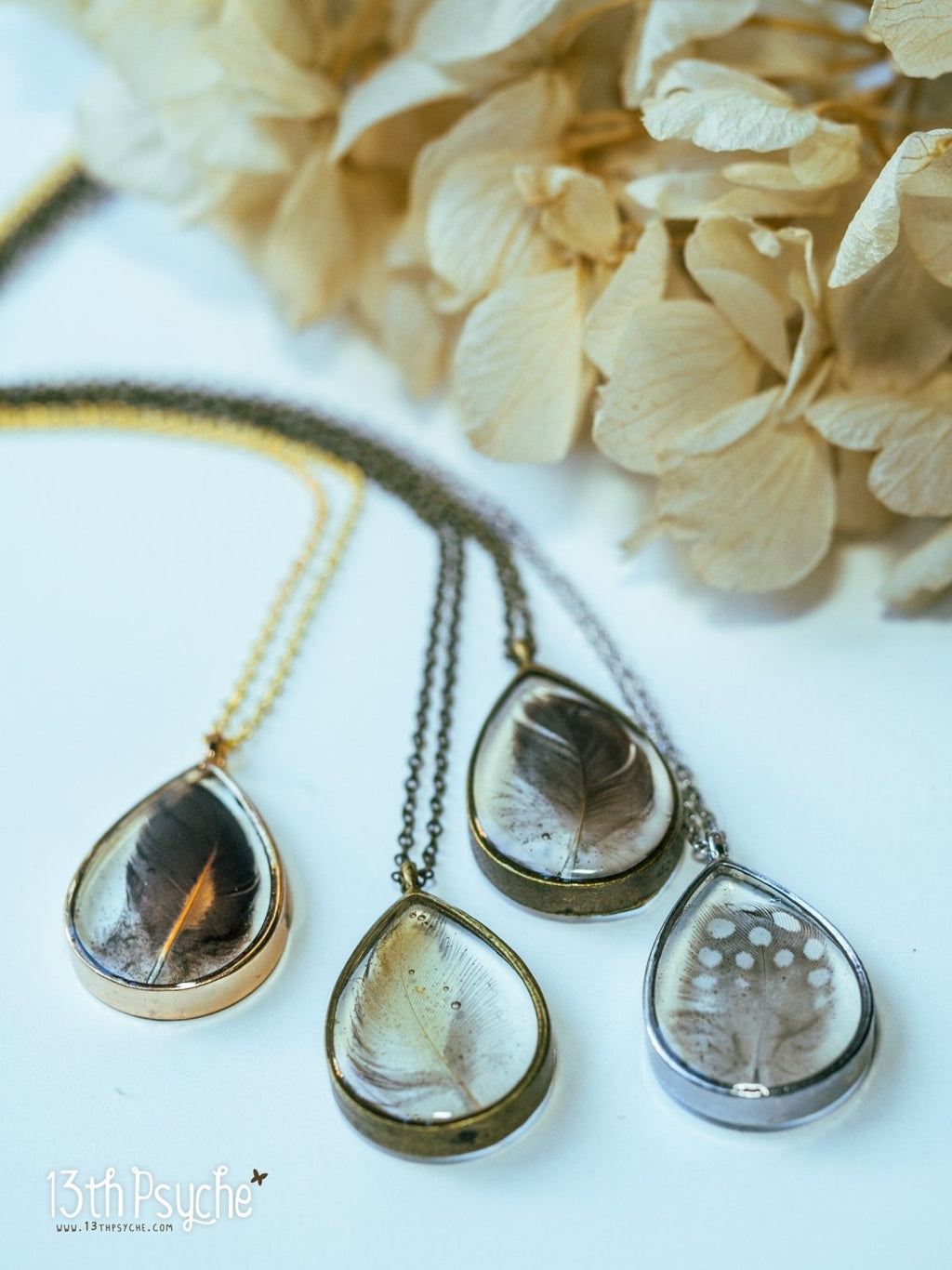 Handmade Drop shaped resin pendant with real feather necklace - 13th Psyche