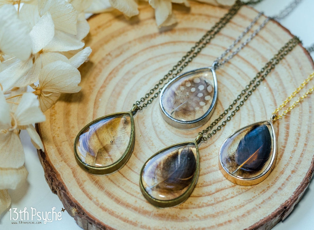 Handmade Drop shaped resin pendant with real feather necklace - 13th Psyche