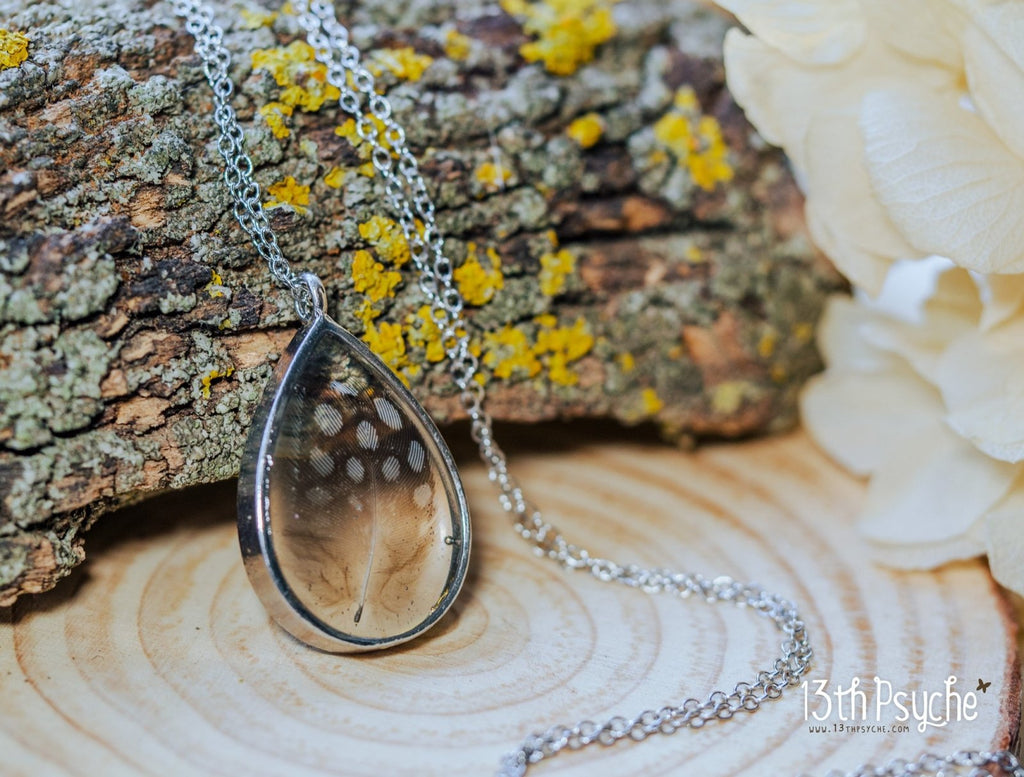 Handmade Drop shaped resin pendant with real feather necklace - 13th Psyche