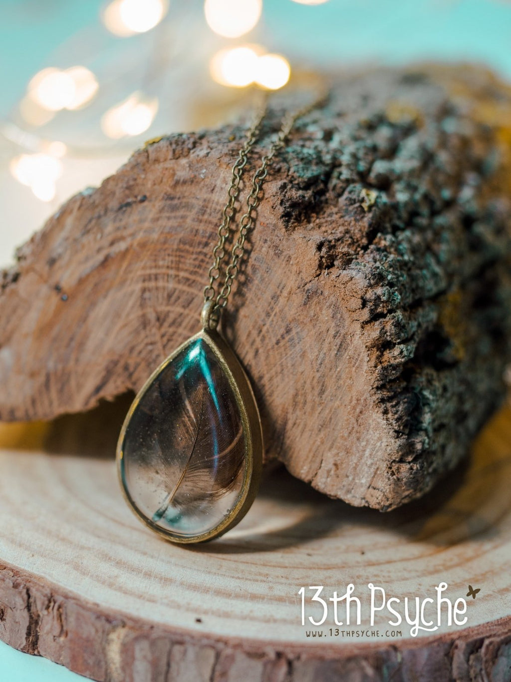 Handmade Drop shaped resin pendant with real feather necklace - 13th Psyche