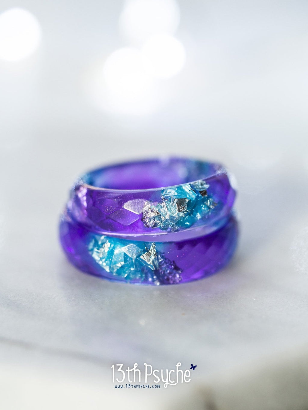 Handmade Purple and blue faceted resin ring with silver flakes - 13th Psyche