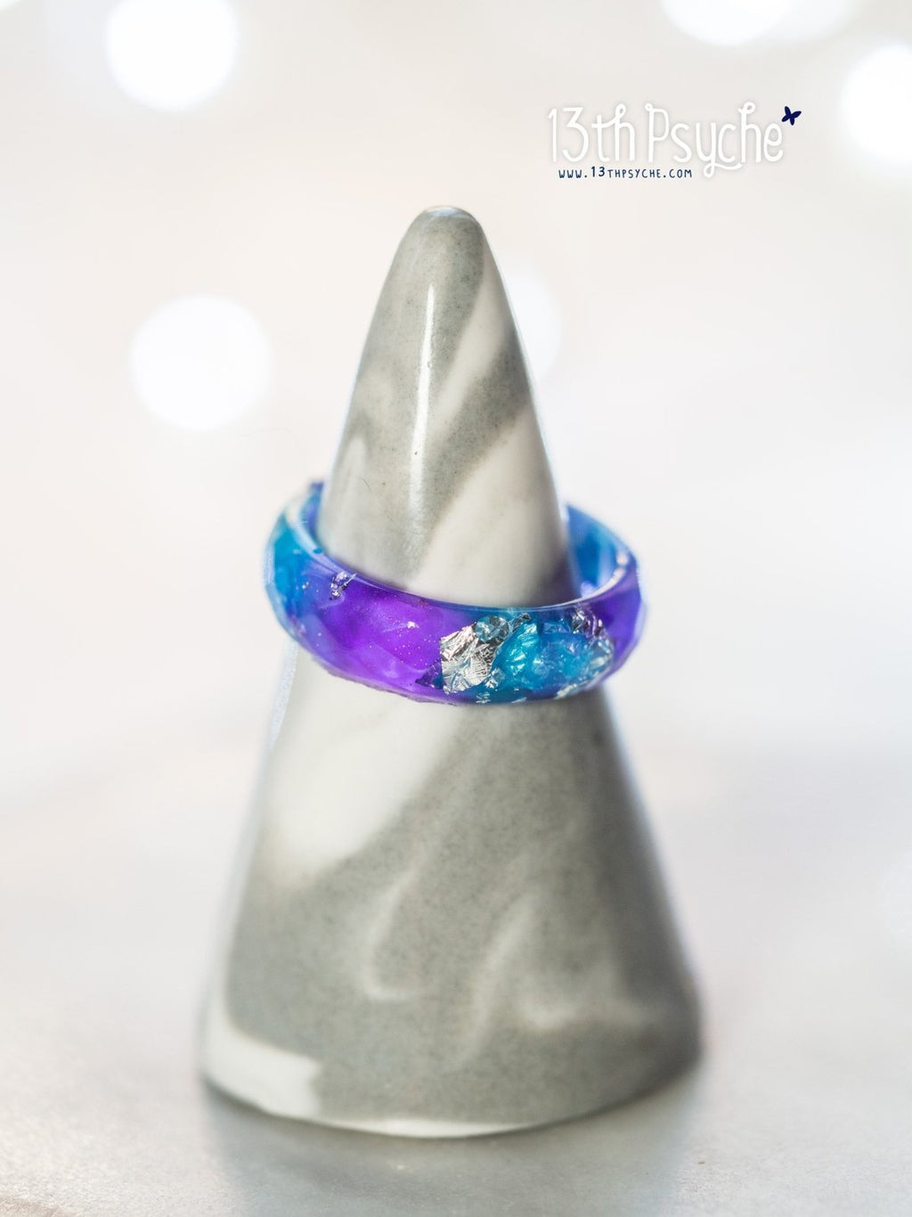 Handmade Purple and blue faceted resin ring with silver flakes - 13th Psyche