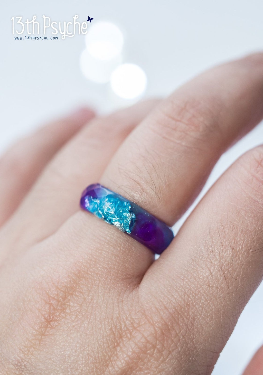 Handmade Purple and blue faceted resin ring with silver flakes - 13th Psyche