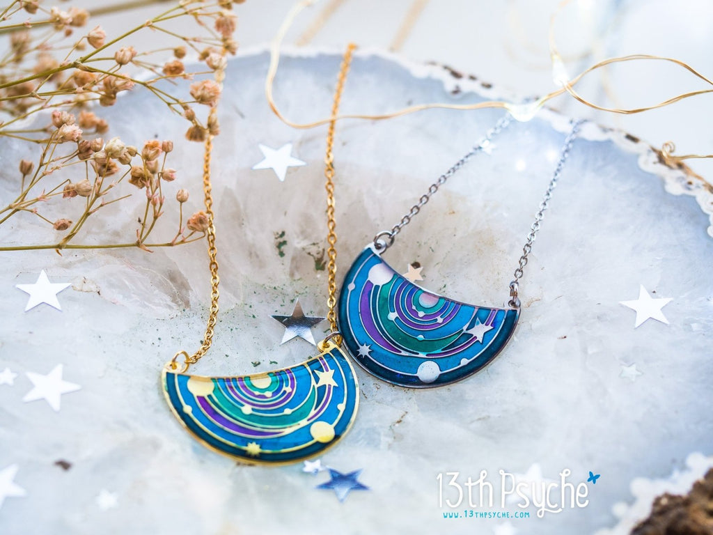 Handmade Solar System pendant necklace. Stained Glass inspired jewelry - 13th Psyche