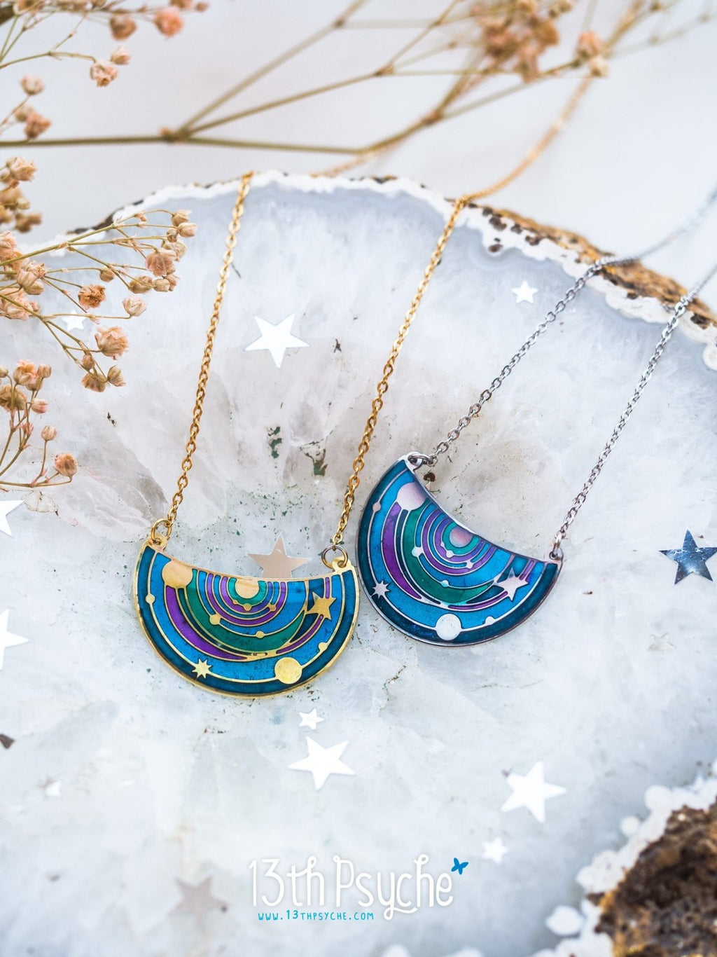 Handmade Solar System pendant necklace. Stained Glass inspired jewelry - 13th Psyche