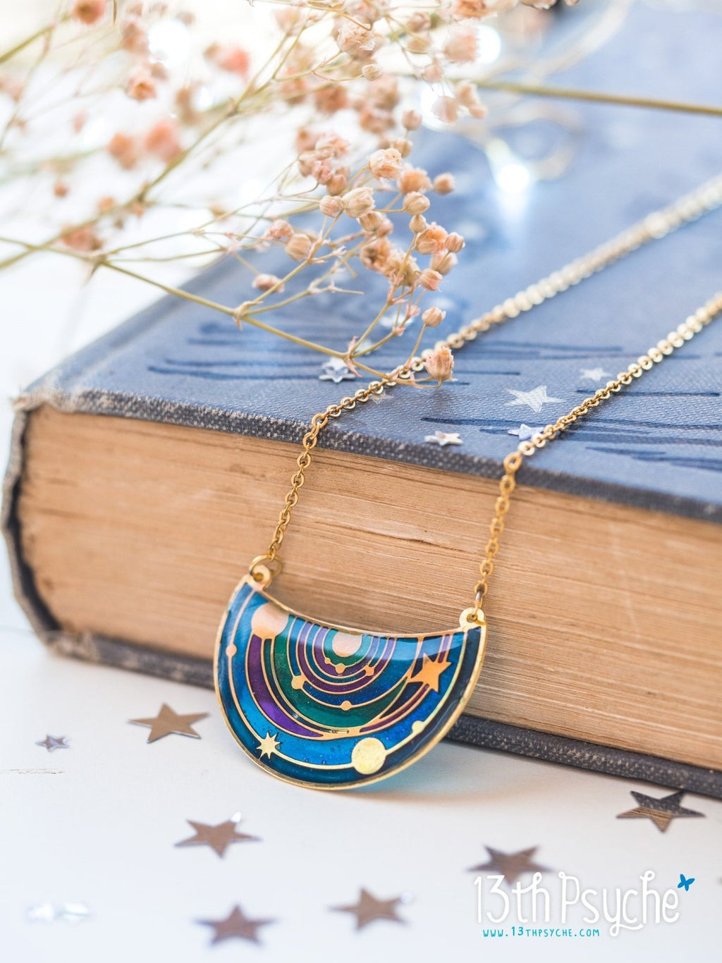 Handmade Solar System pendant necklace. Stained Glass inspired jewelry - 13th Psyche