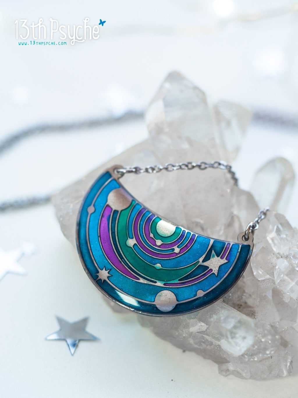 Handmade Solar System pendant necklace. Stained Glass inspired jewelry - 13th Psyche