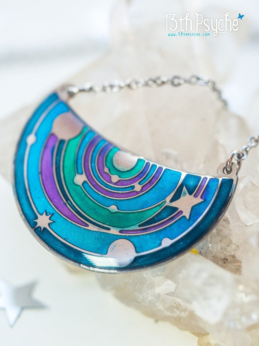 Handmade Solar System pendant necklace. Stained Glass inspired jewelry - 13th Psyche