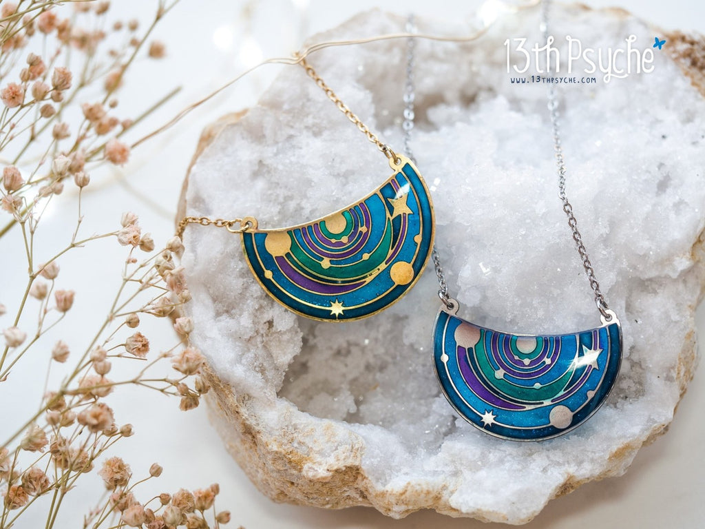 Handmade Solar System pendant necklace. Stained Glass inspired jewelry - 13th Psyche