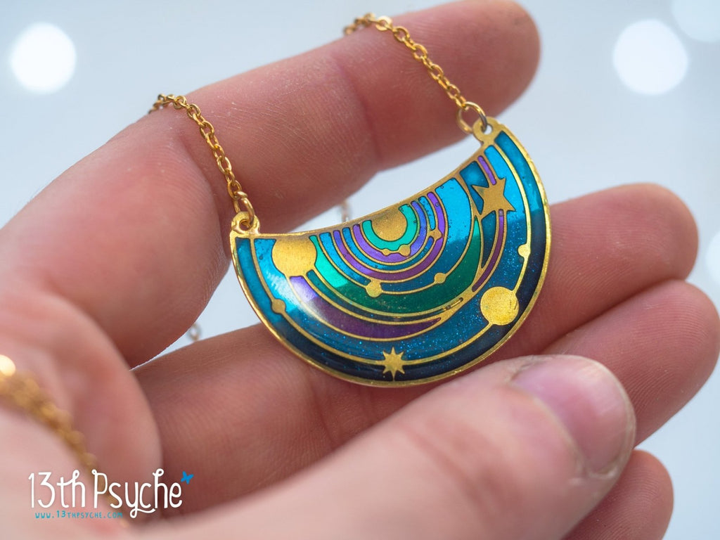 Handmade Solar System pendant necklace. Stained Glass inspired jewelry - 13th Psyche