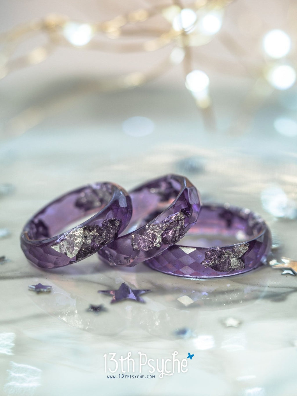 Handmade Lavender and silver flakes faceted resin ring - 13th Psyche