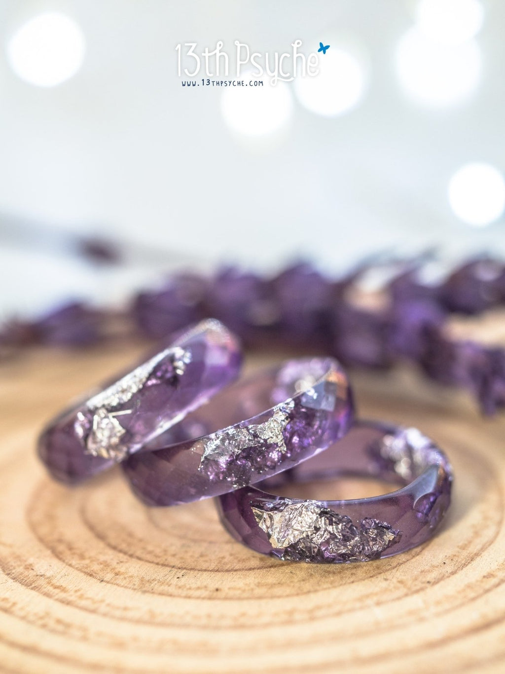 Handmade Lavender and silver flakes faceted resin ring - 13th Psyche