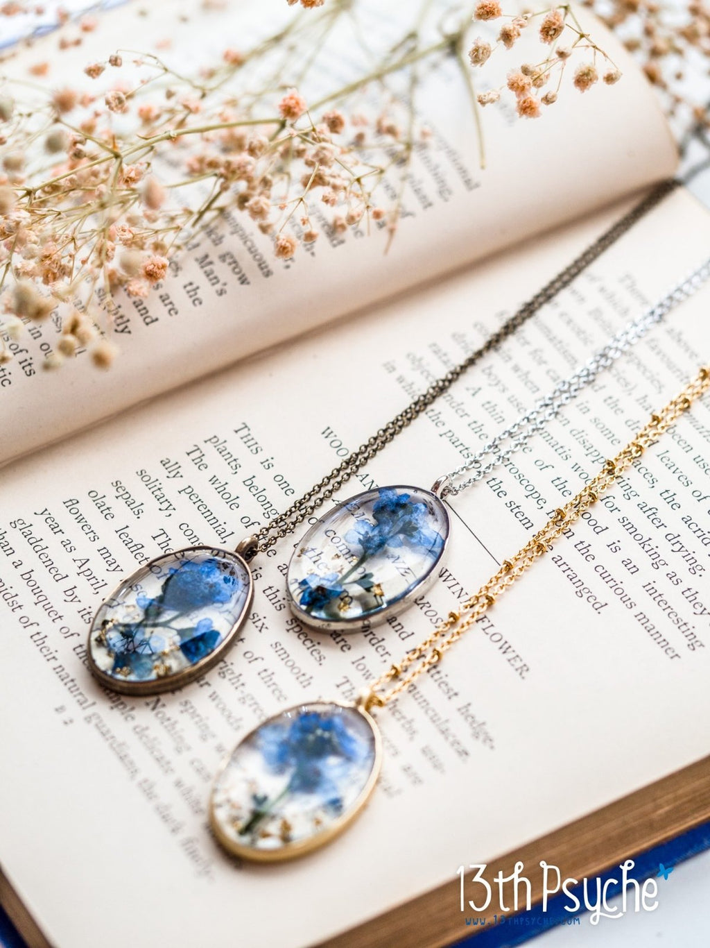 Handmade Pressed Forget me not flower pendant necklace - 13th Psyche