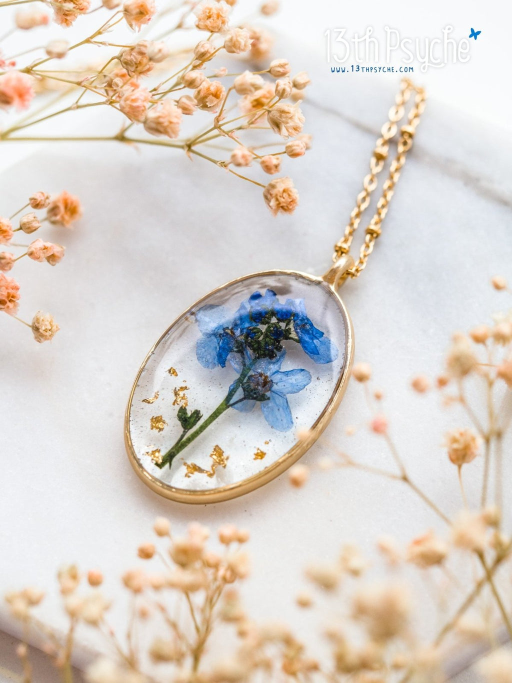 Handmade Pressed Forget me not flower pendant necklace - 13th Psyche