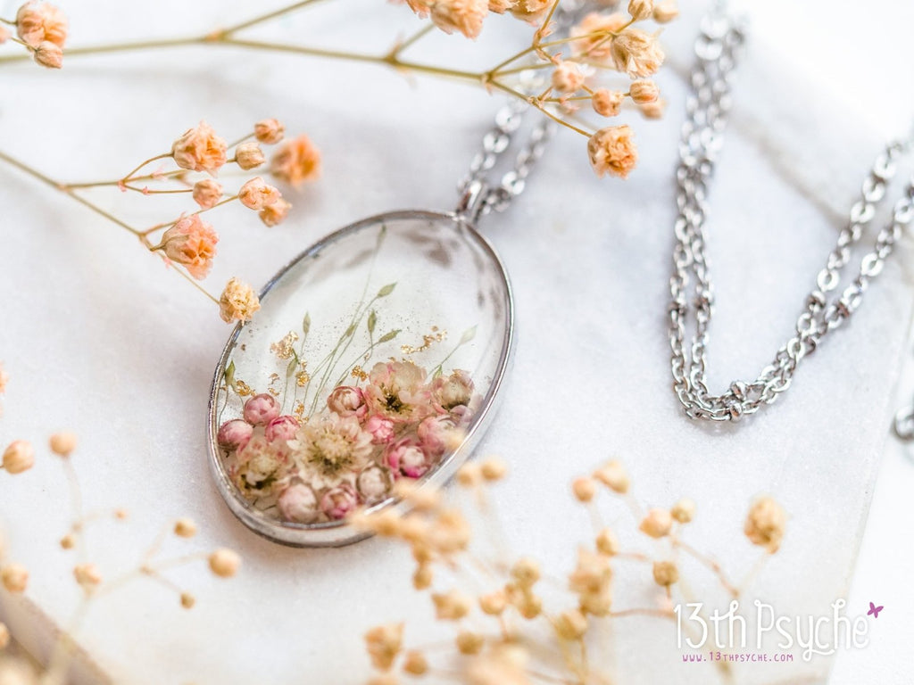 Handmade Real pink Ozothamnus flowers necklace - 13th Psyche