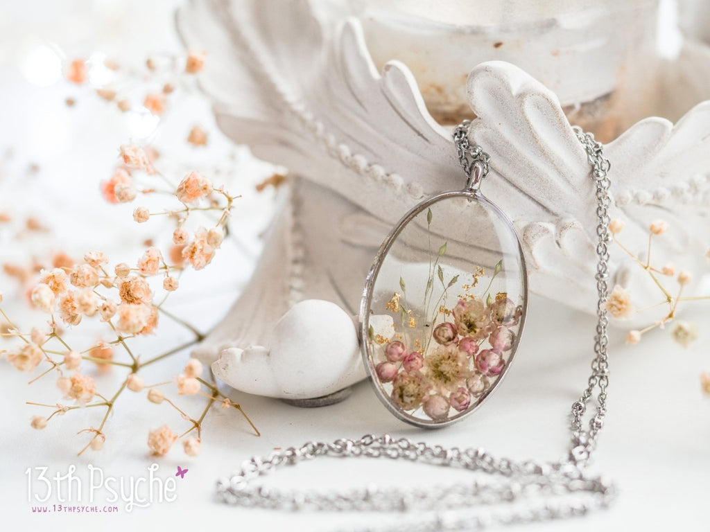 Handmade Real pink Ozothamnus flowers necklace - 13th Psyche