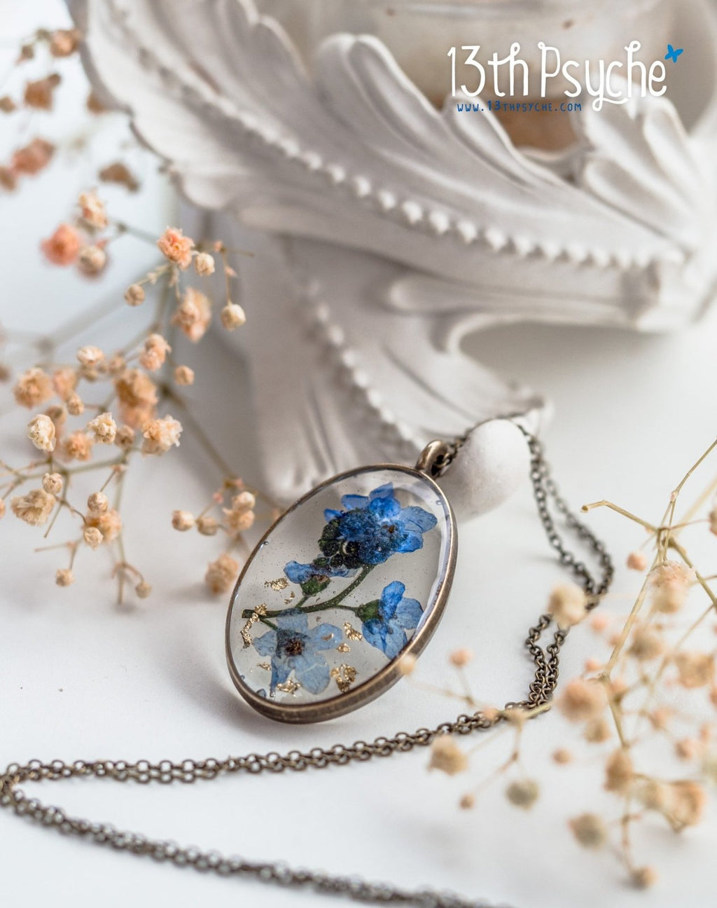 Handmade Pressed Forget me not flower pendant necklace - 13th Psyche