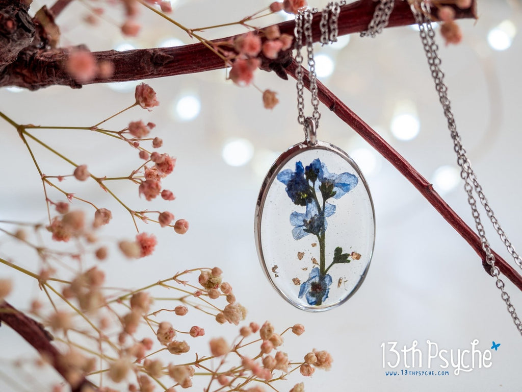 Handmade Pressed Forget me not flower pendant necklace - 13th Psyche