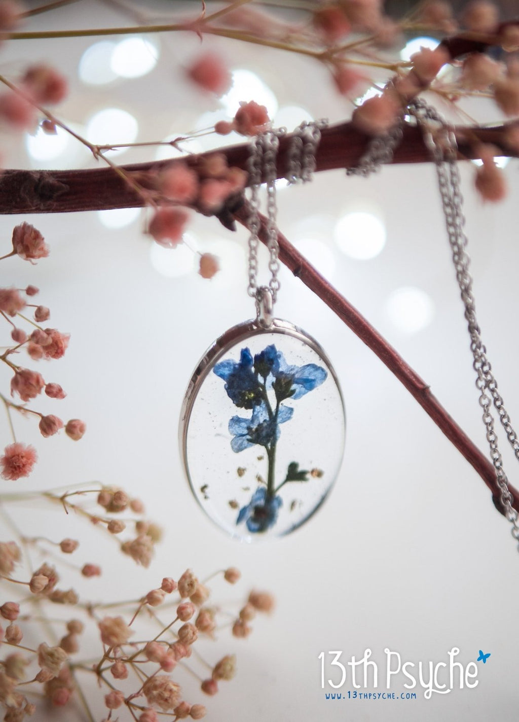 Handmade Pressed Forget me not flower pendant necklace - 13th Psyche