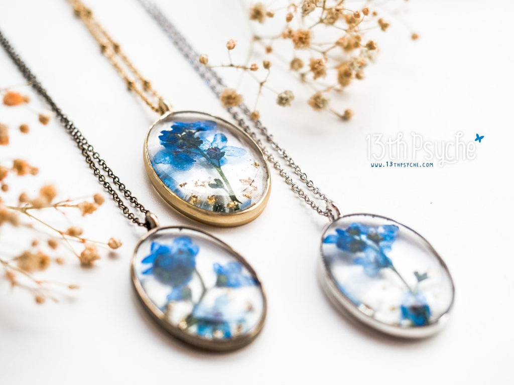 Handmade Pressed Forget me not flower pendant necklace - 13th Psyche