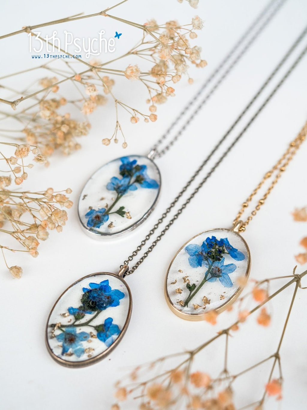 Handmade Pressed Forget me not flower pendant necklace - 13th Psyche