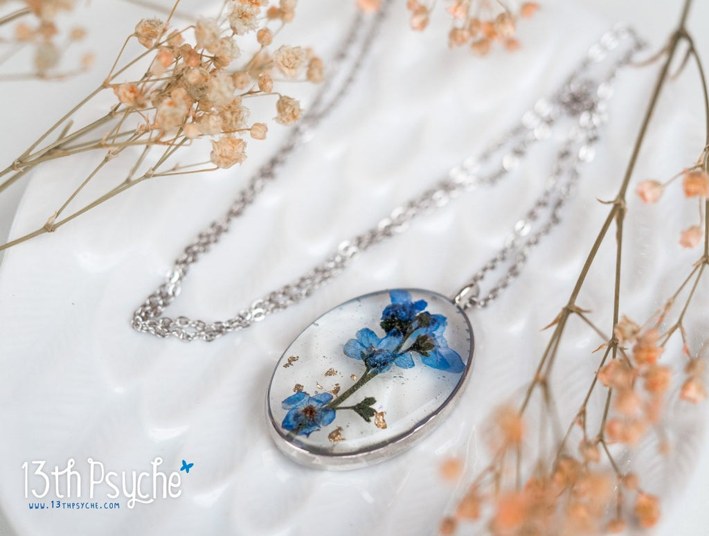 Handmade Pressed Forget me not flower pendant necklace - 13th Psyche
