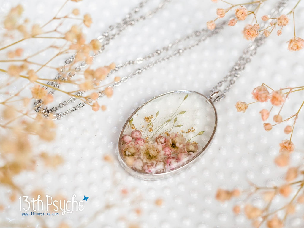 Handmade Real pink Ozothamnus flowers necklace - 13th Psyche