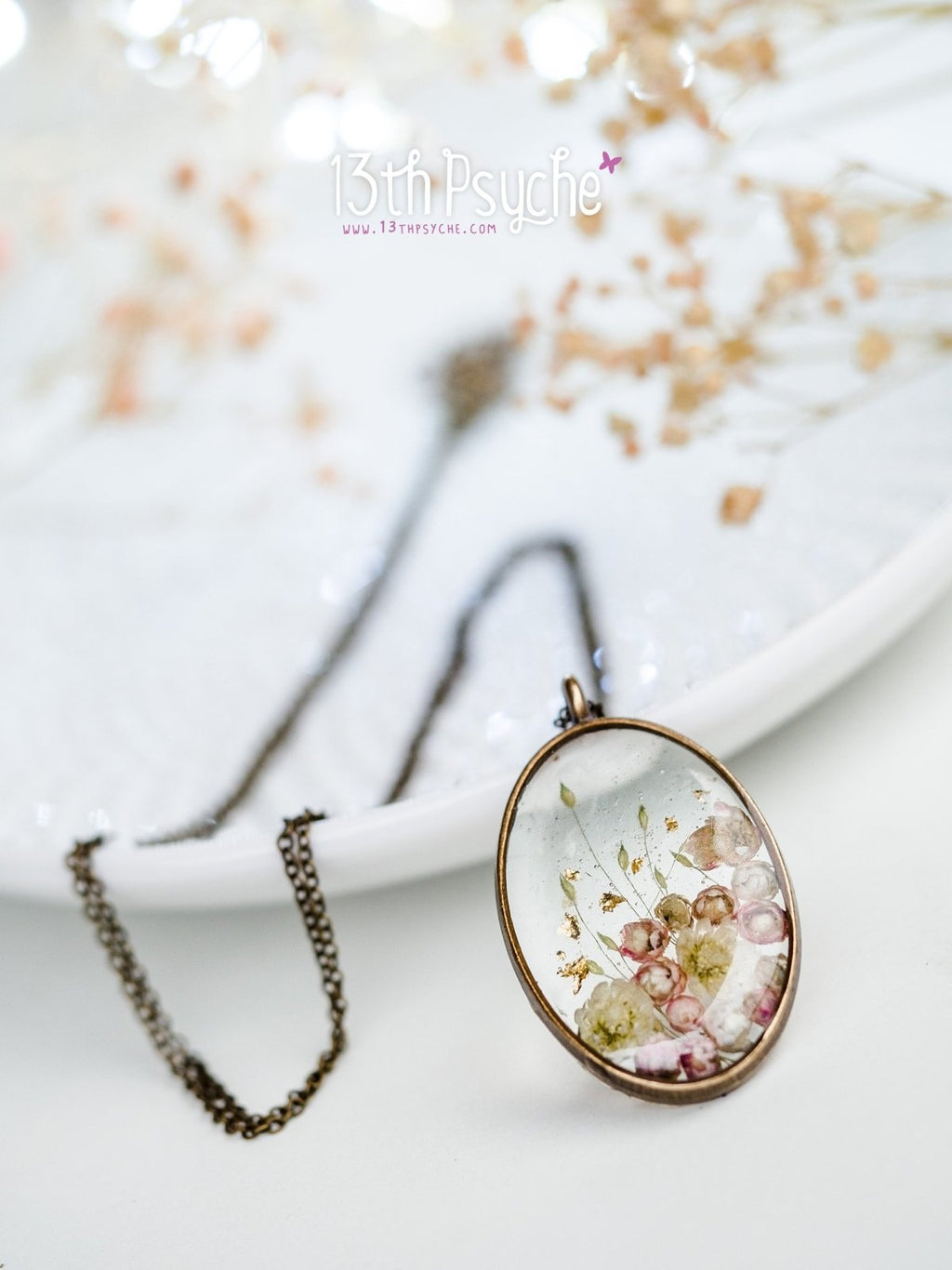 Handmade Real pink Ozothamnus flowers necklace - 13th Psyche