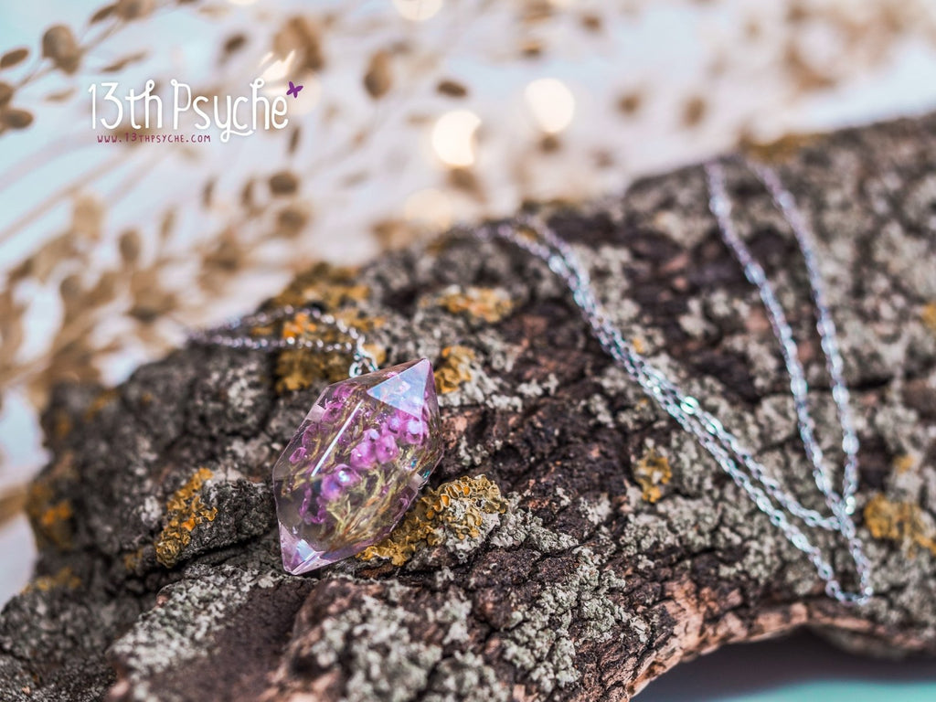 Handmade Heather flowers crystal point pendant necklace - 13th Psyche
