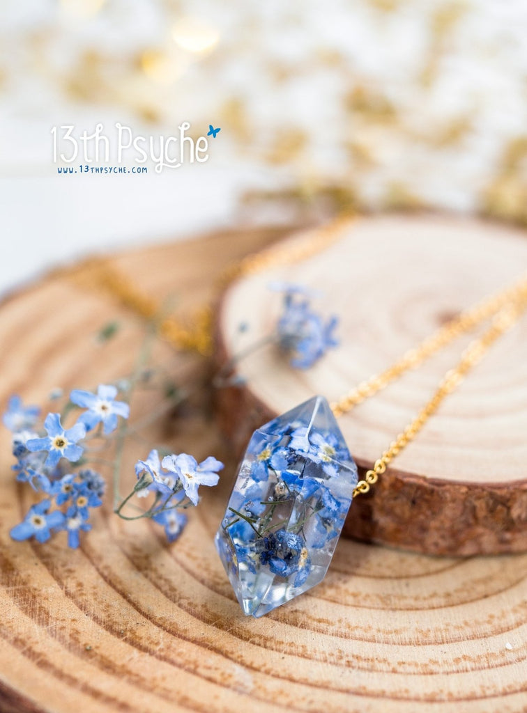 Handmade Forget me not flower crystal point pendant necklace - 13th Psyche