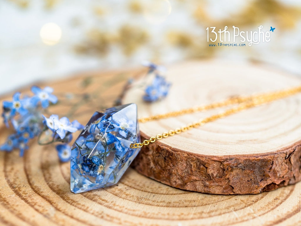 Handmade Forget me not flower crystal point pendant necklace - 13th Psyche