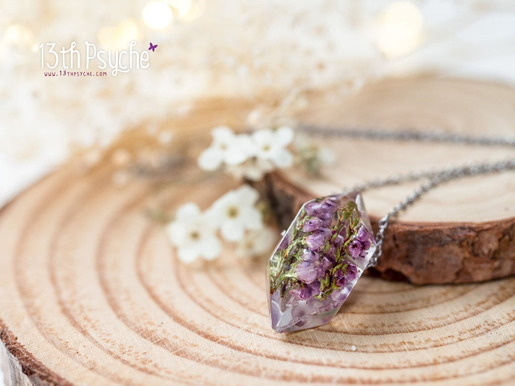 Handmade Heather flowers crystal point pendant necklace - 13th Psyche