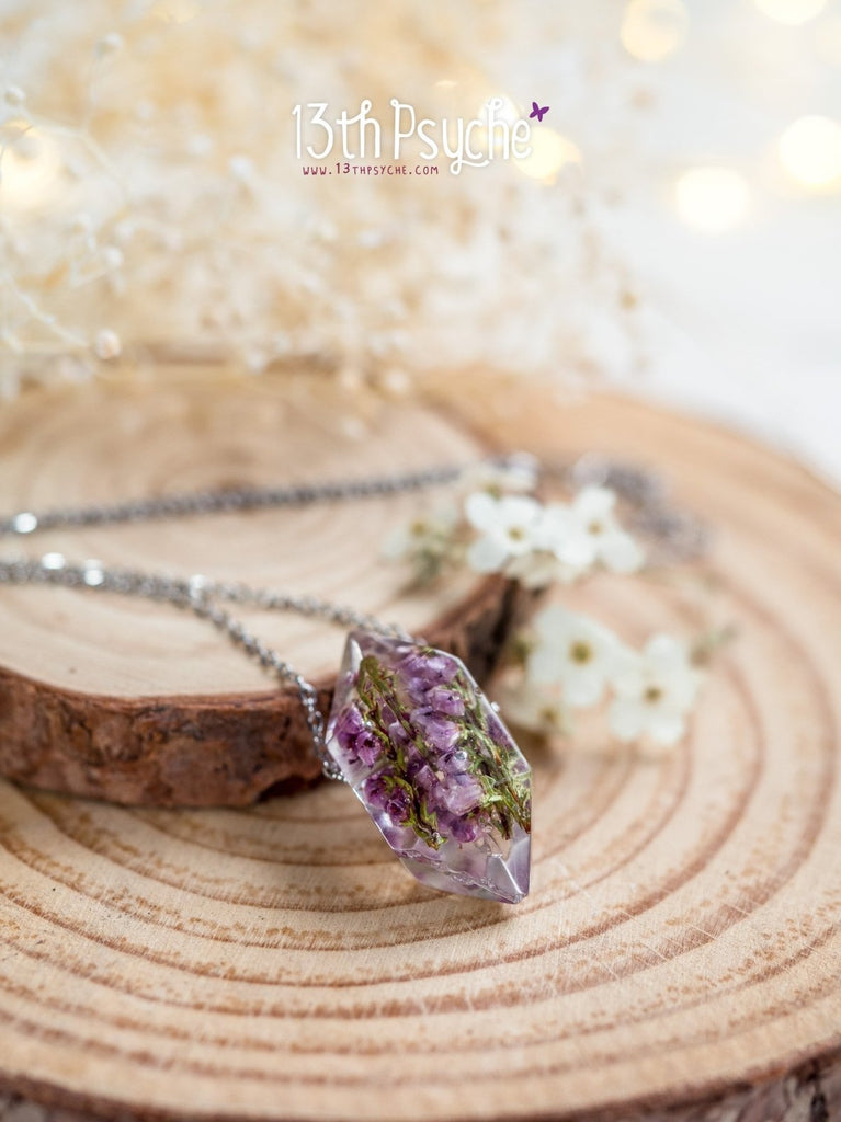 Handmade Heather flowers crystal point pendant necklace - 13th Psyche