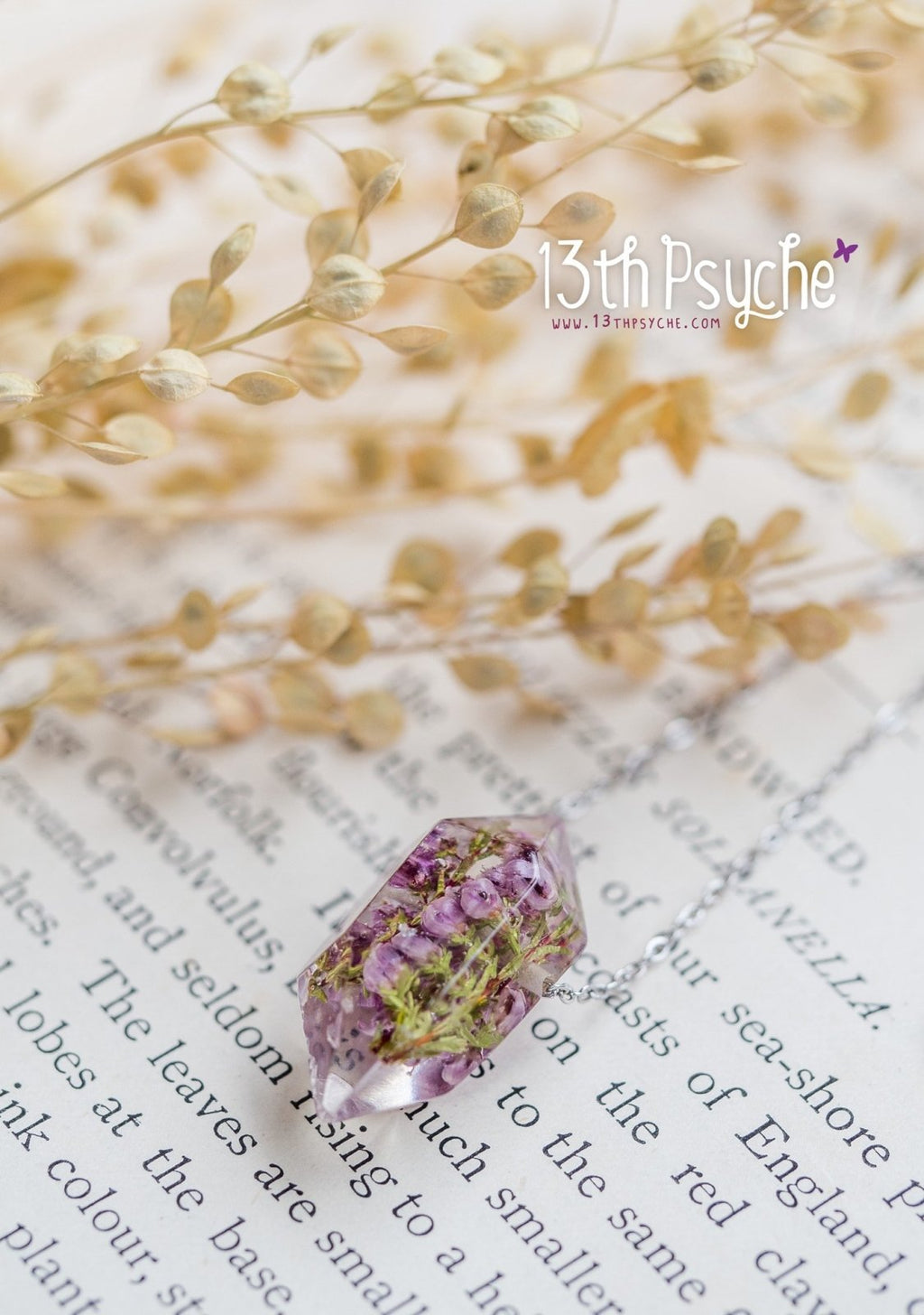 Handmade Heather flowers crystal point pendant necklace - 13th Psyche