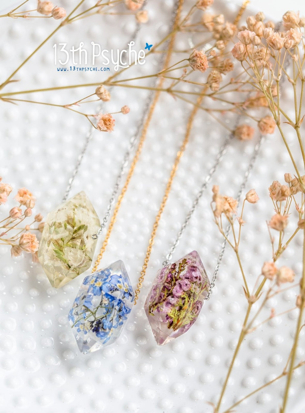 Handmade Heather flowers crystal point pendant necklace - 13th Psyche