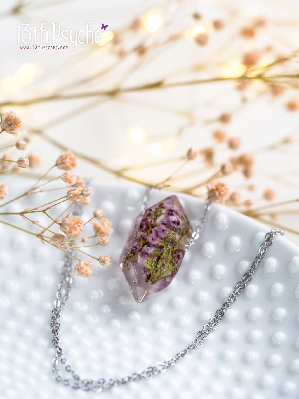 Handmade Heather flowers crystal point pendant necklace - 13th Psyche