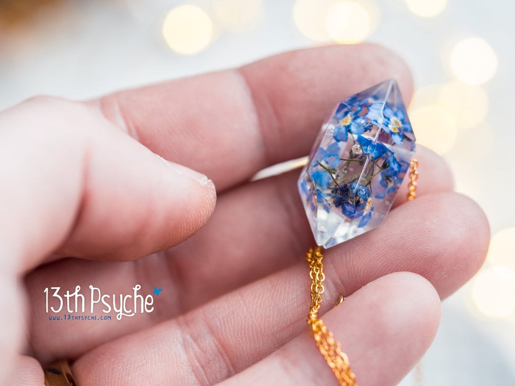 Handmade Forget me not flower crystal point pendant necklace - 13th Psyche