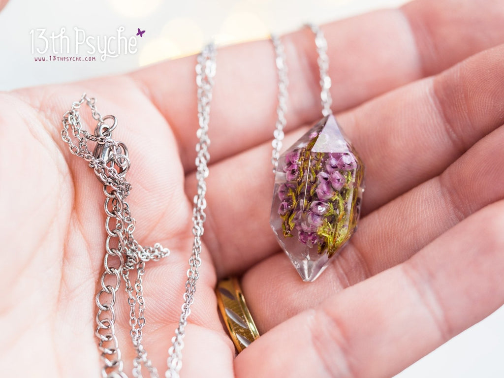 Handmade Heather flowers crystal point pendant necklace - 13th Psyche