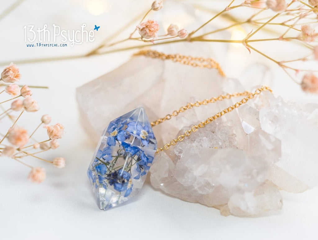 Handmade Forget me not flower crystal point pendant necklace - 13th Psyche