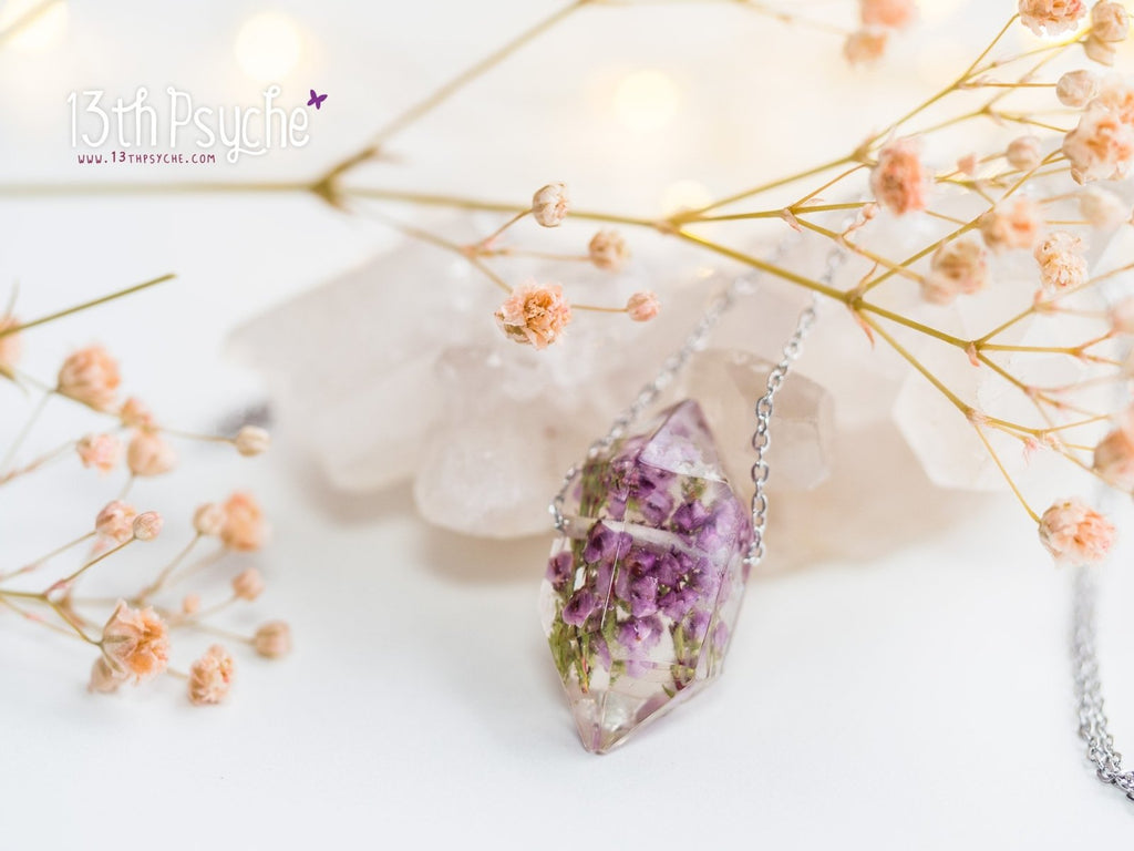 Handmade Heather flowers crystal point pendant necklace - 13th Psyche