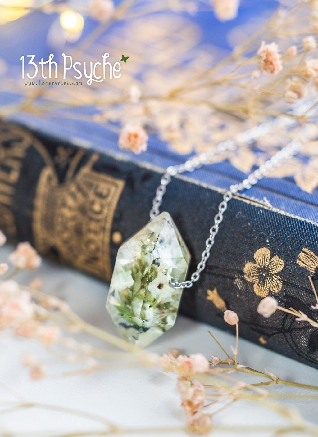 Handmade White flowers crystal point pendant necklace - 13th Psyche