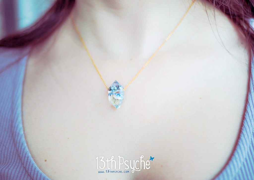 Handmade Heather flowers crystal point pendant necklace - 13th Psyche