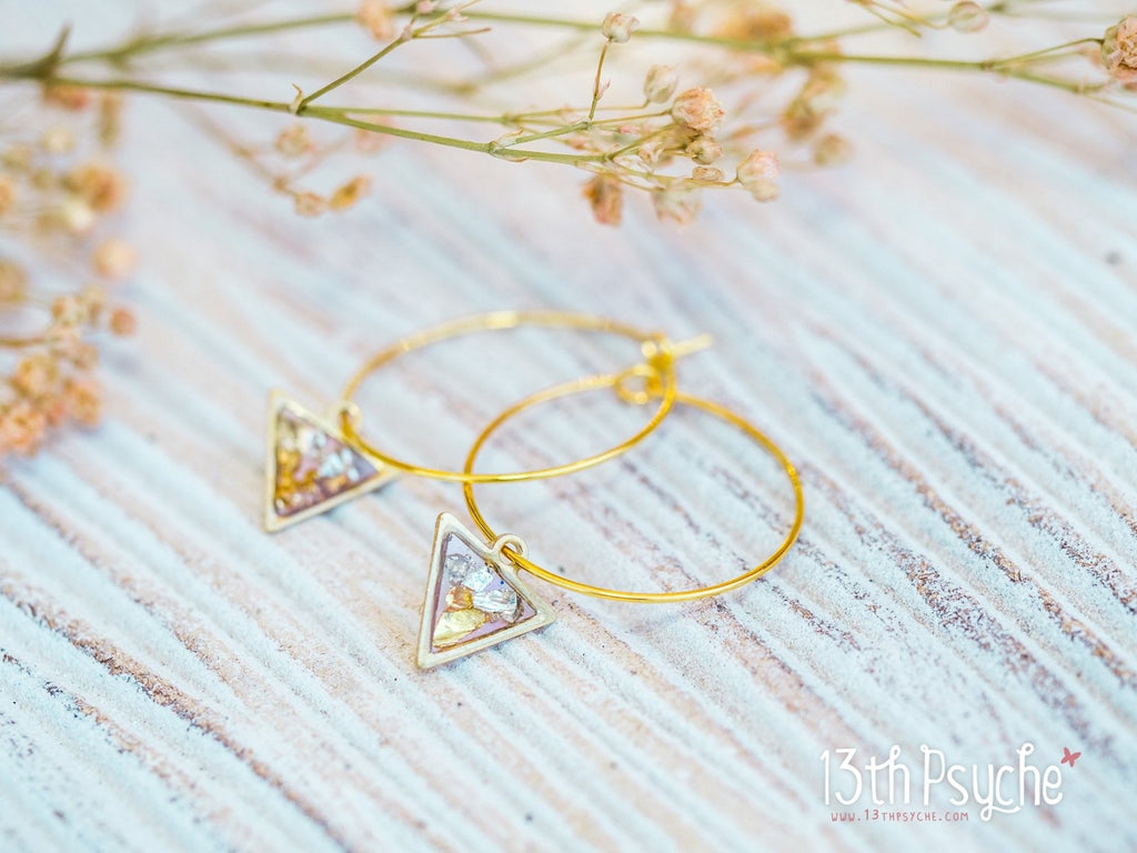 Handmade Hypoallergenic gold hoop earrings with triangle shape charm - 13th Psyche